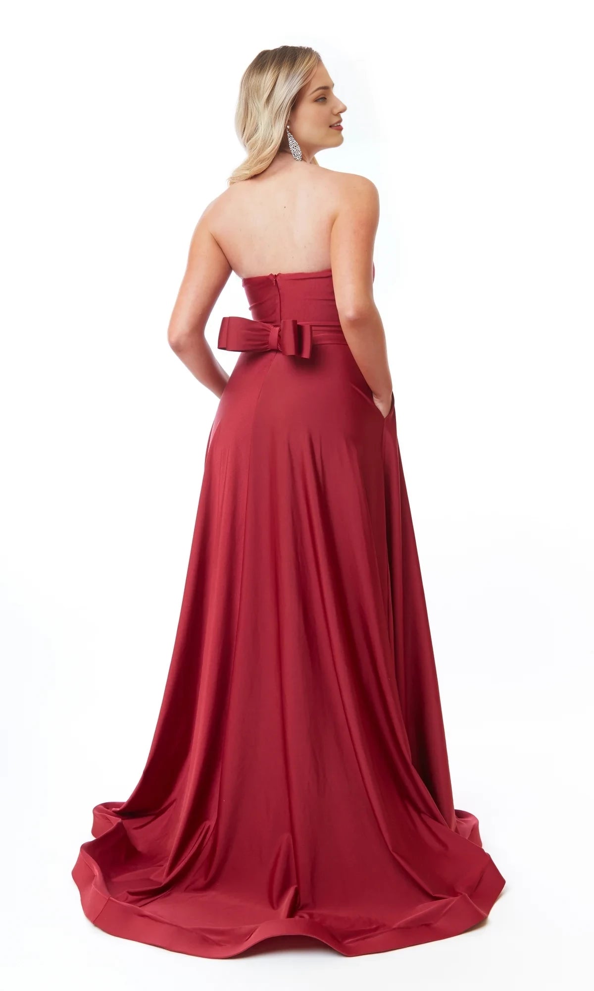 Off shoulder collar sleeveless strapless backless side slit and floor length evening dress