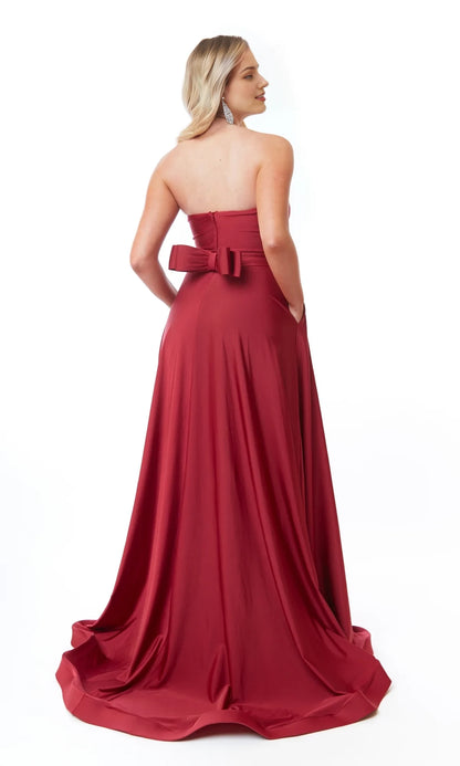 Off shoulder collar sleeveless strapless backless side slit and floor length evening dress