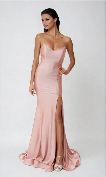 Off shoulder collar strapless satin backless side slit and floor length evening dress