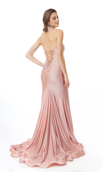 Off shoulder collar strapless satin backless side slit and floor length evening dress