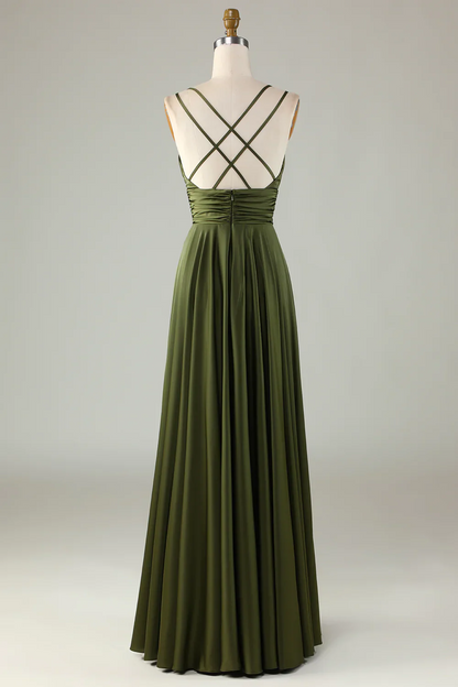Elegant Satin A-Line V-Neck Ruched Crisscross-Back Olive Floor-Length Prom Dress