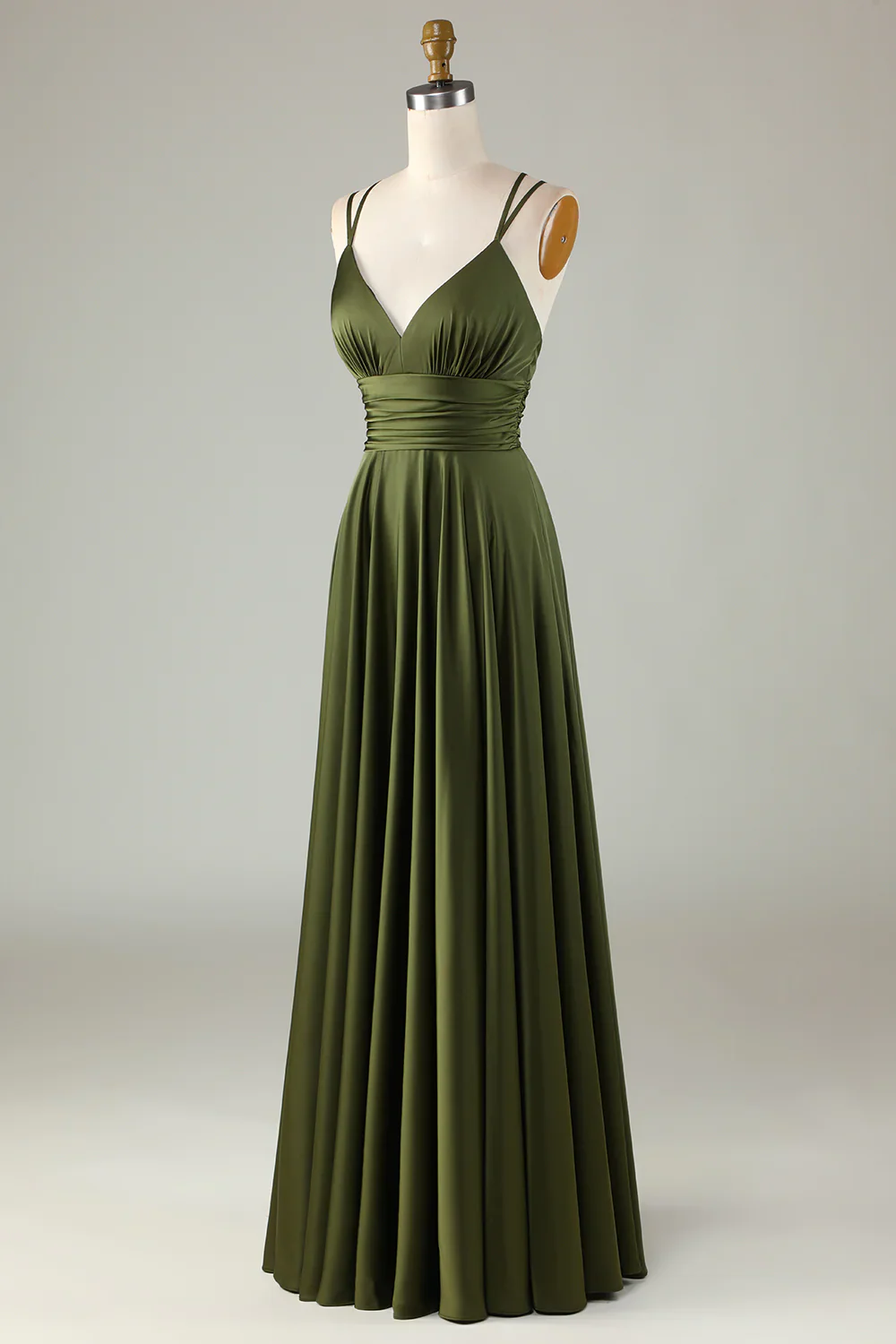Elegant Satin A-Line V-Neck Ruched Crisscross-Back Olive Floor-Length Prom Dress