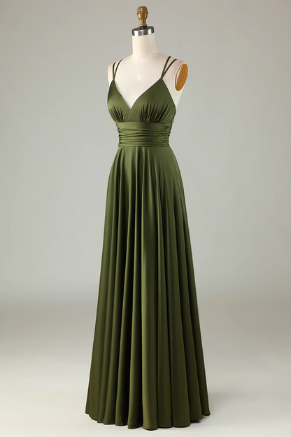 Elegant Satin A-Line V-Neck Ruched Crisscross-Back Olive Floor-Length Prom Dress
