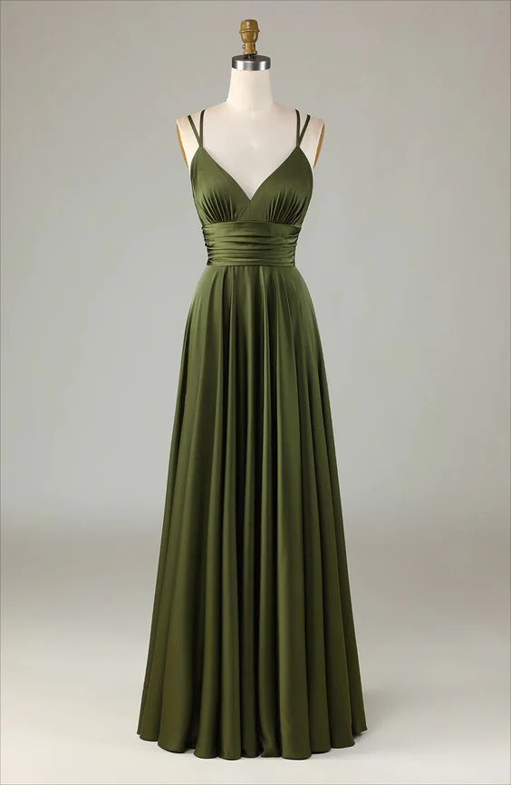 Elegant Satin A-Line V-Neck Ruched Crisscross-Back Olive Floor-Length Prom Dress