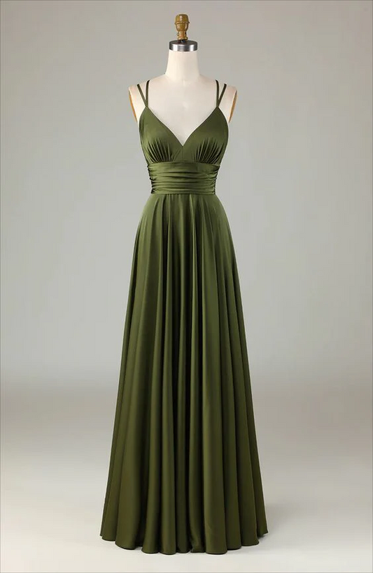 Olive Satin Double-Strap V-Neck Ruched Waist Crisscross-Back A-Line Floor-Length Prom Dresses