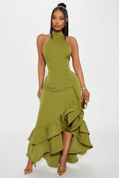 Olive halter open back tiered ruffle maxi evening dress