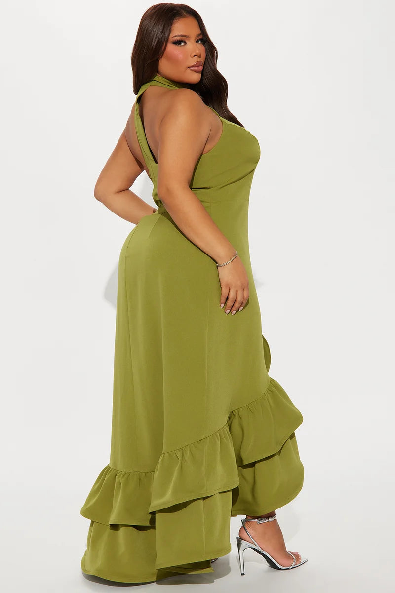 Olive halter open back tiered ruffle maxi evening dress
