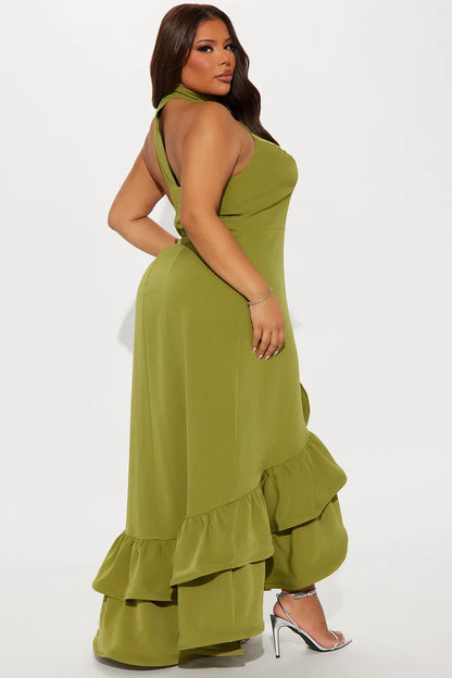 Olive halter open back tiered ruffle maxi evening dress
