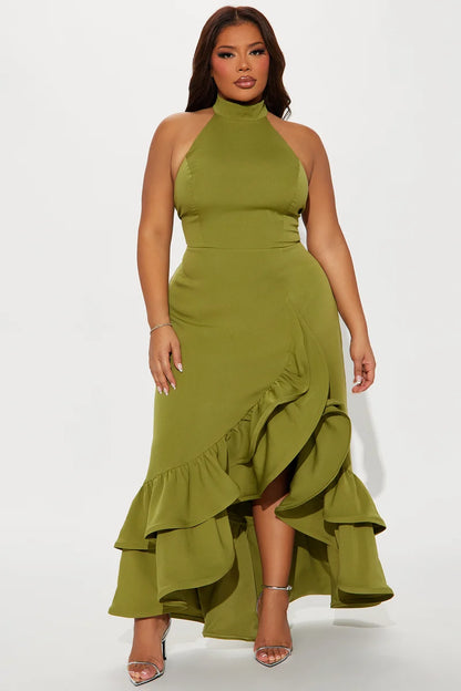 Olive halter open back tiered ruffle maxi evening dress
