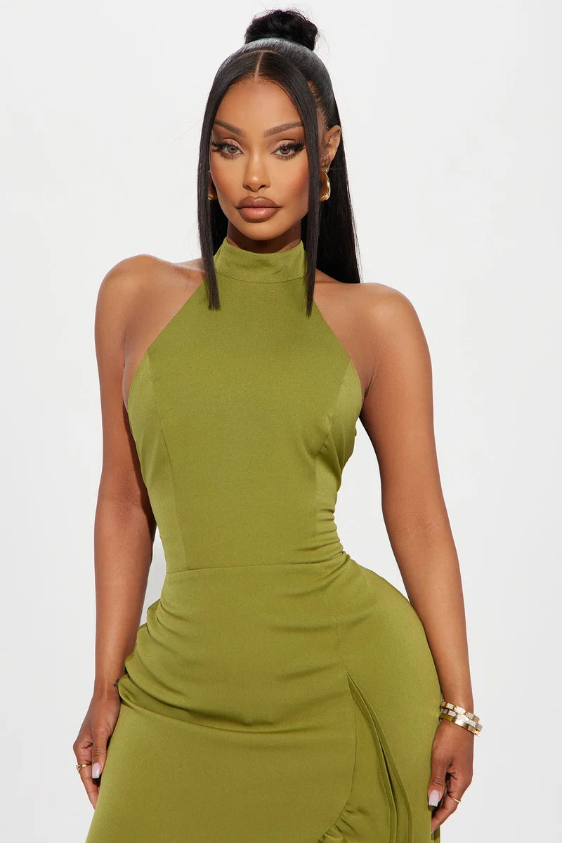 Olive halter open back tiered ruffle maxi evening dress