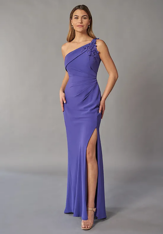 One-Shoulder Floral Applique Ruched Slit Column Floor-Length Mother of the Bride Dresses