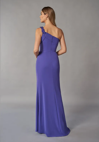 Elegant One-Shoulder Floral Applique Ruched Slit Column Floor-Length Mother of the Bride Dress