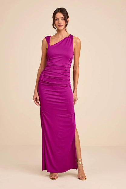 One-Shoulder Jersey Evening Dresses with Ruched Detail, High Slit and Floor-Length Formal Gown