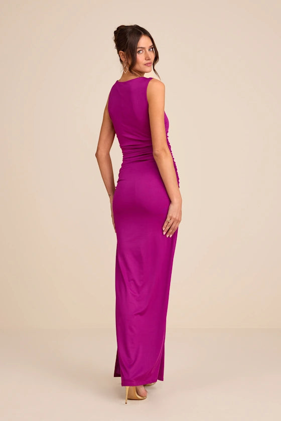 One-Shoulder Jersey Evening Dresses with Ruched Detail, High Slit and Floor-Length Formal Gown