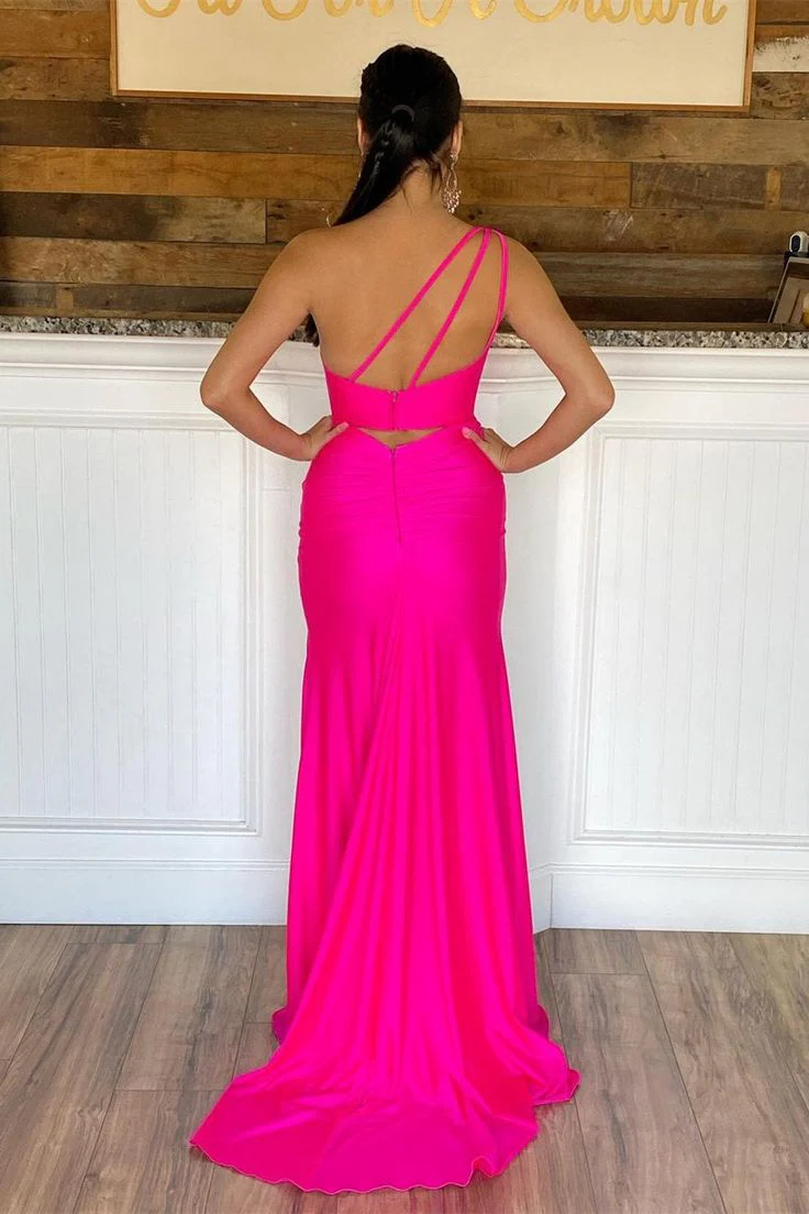 Elegant Mermaid One-Shoulder Ruched High Slit Floor-Length Prom Dress