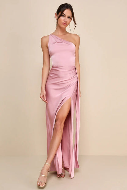 One-Shoulder Satin Evening Dresses with Ruched Detail, Sash Accent and High Slit Formal Gown