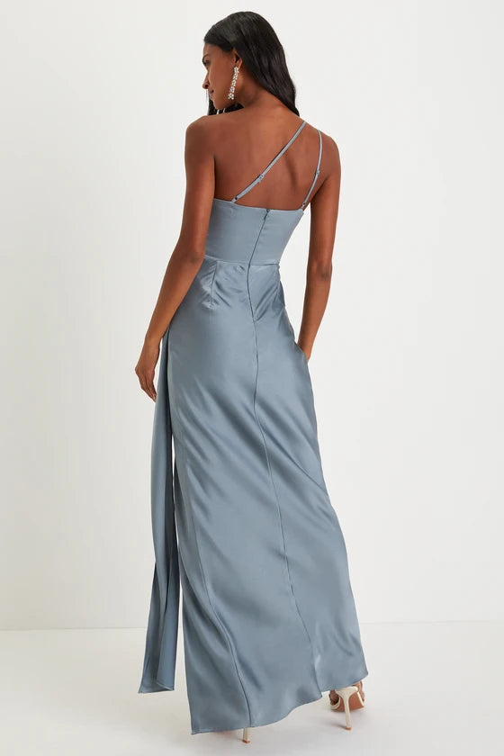 One-Shoulder Satin Evening Dresses with Ruched Detail, Sash Accent and High Slit Formal Gown