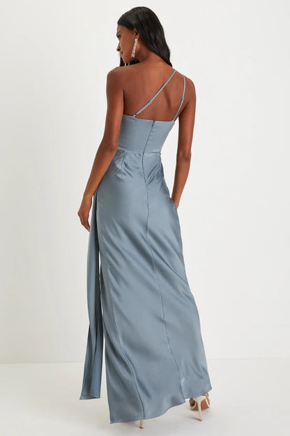 One-Shoulder Satin Evening Dresses with Ruched Detail, Sash Accent and High Slit Formal Gown