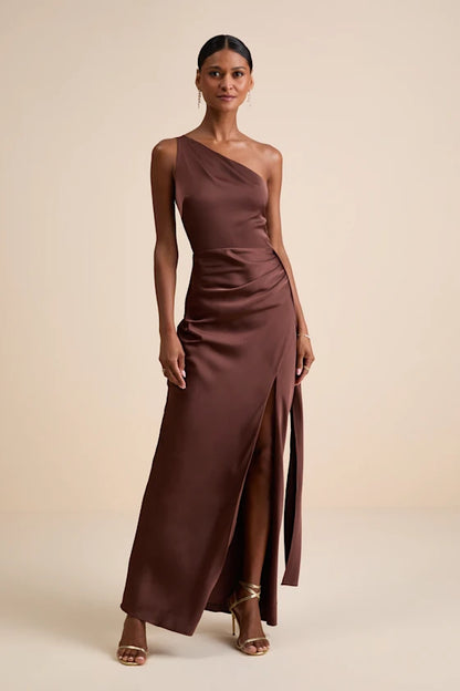 One-Shoulder Satin Evening Dresses with Ruched Detail, Sash Accent and High Slit Formal Gown