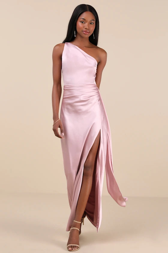 One-Shoulder Satin Evening Dresses with Ruched Detail, Sash Accent and High Slit Formal Gown
