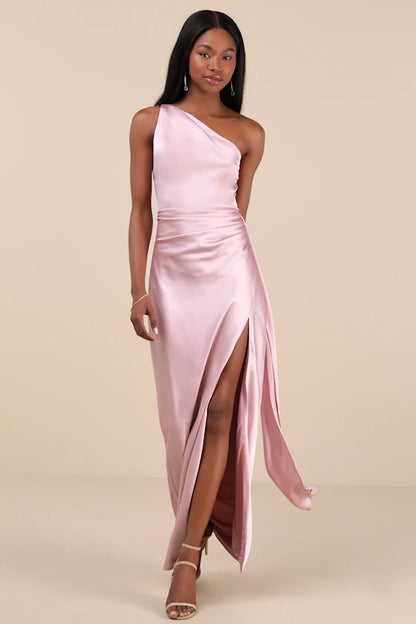 One-Shoulder Satin Evening Dresses with Ruched Detail, Sash Accent and High Slit Formal Gown