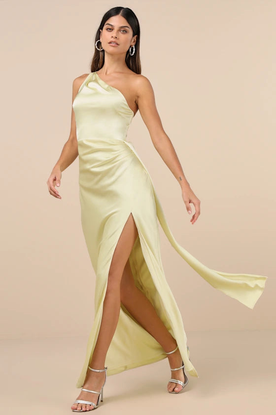 One-Shoulder Satin Evening Dresses with Ruched Detail, Sash Accent and High Slit Formal Gown