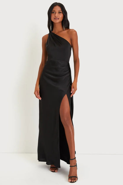One-Shoulder Satin Evening Dresses with Ruched Detail, Sash Accent and High Slit Formal Gown