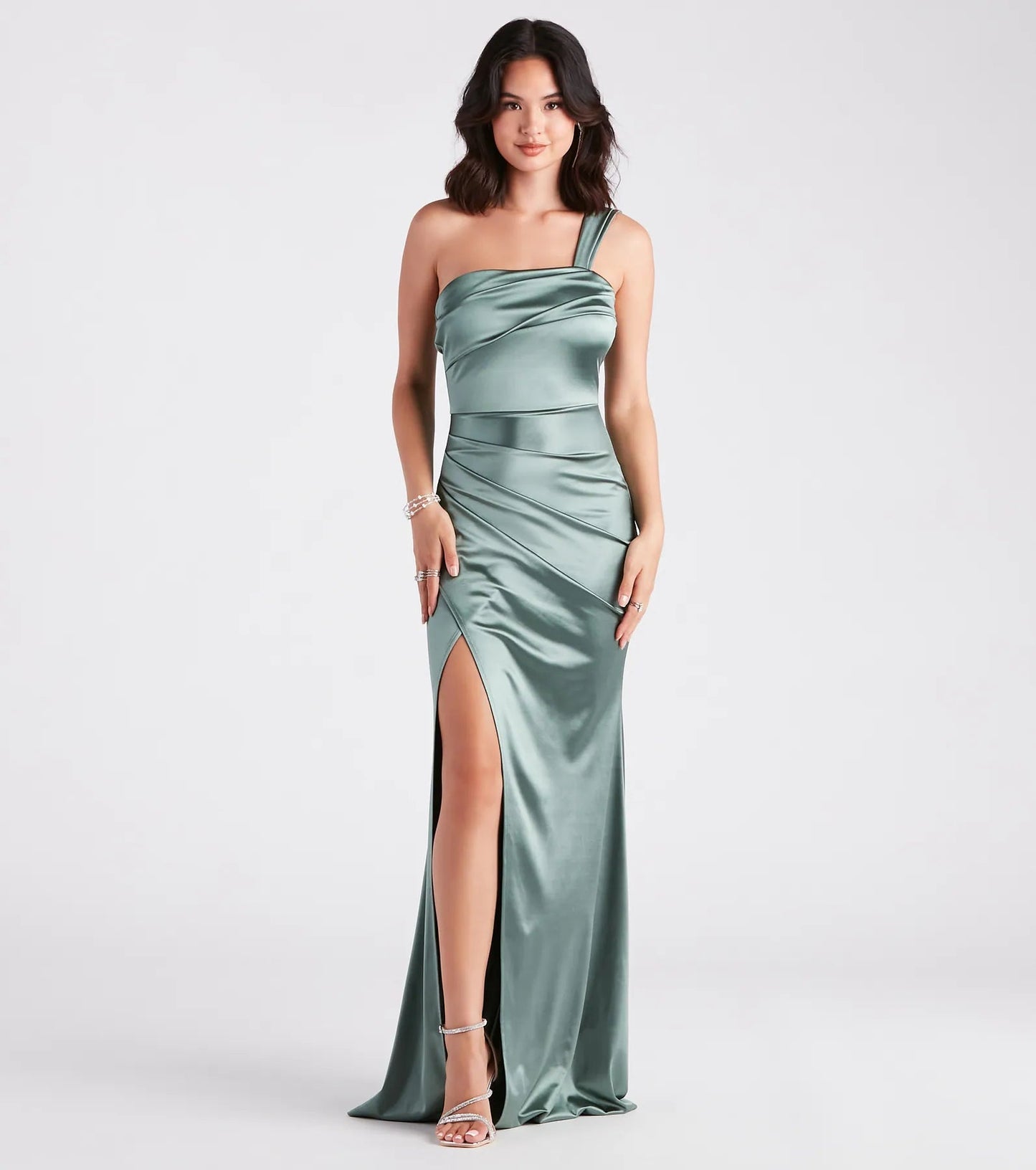 Elegant Satin Mermaid One-Shoulder Ruched High Slit Floor-Length Evening Dress