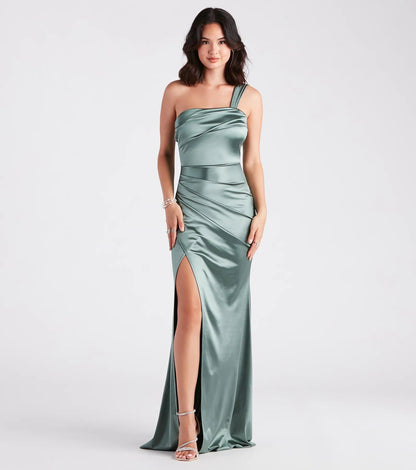Elegant Satin Mermaid One-Shoulder Ruched High Slit Floor-Length Evening Dress