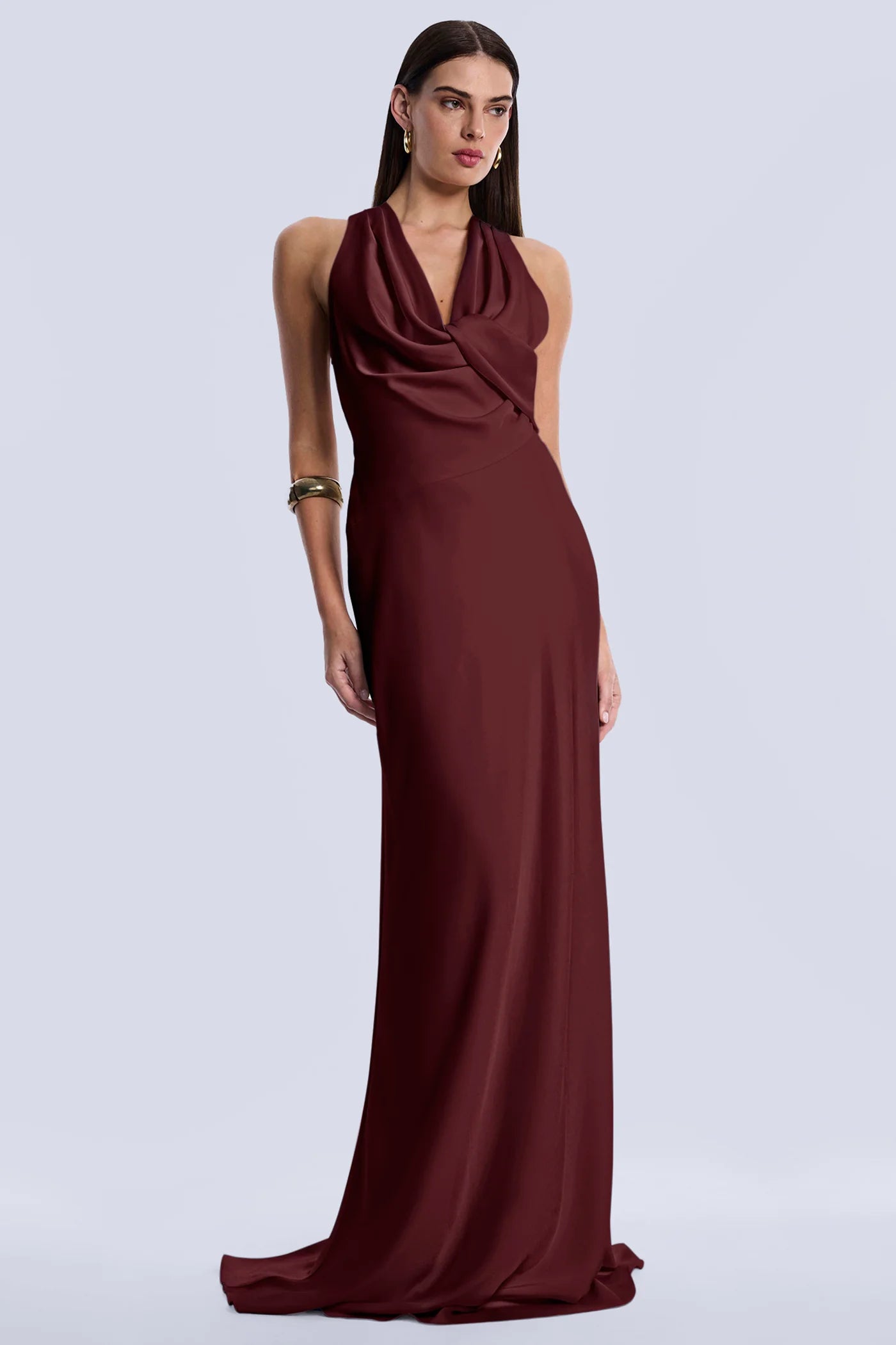 Opulent Burgundy Satin Fitted Halter V-Neck Open Back Floor-Length Evening Dresses