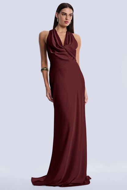 Opulent Burgundy Satin Fitted Halter V-Neck Open Back Floor-Length Evening Dresses