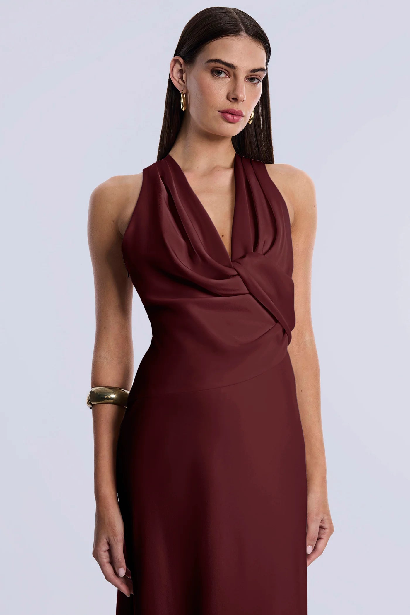 Opulent Burgundy Satin Fitted Halter V-Neck Open Back Floor-Length Evening Dresses