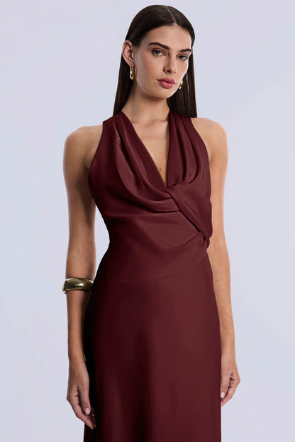 Opulent Burgundy Satin Fitted Halter V-Neck Open Back Floor-Length Evening Dresses