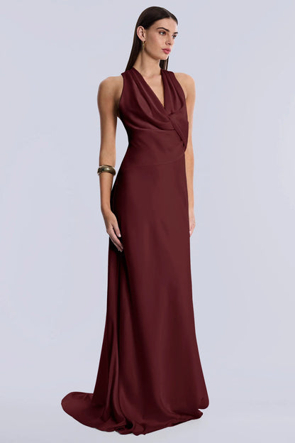 Opulent Burgundy Satin Fitted Halter V-Neck Open Back Floor-Length Evening Dresses