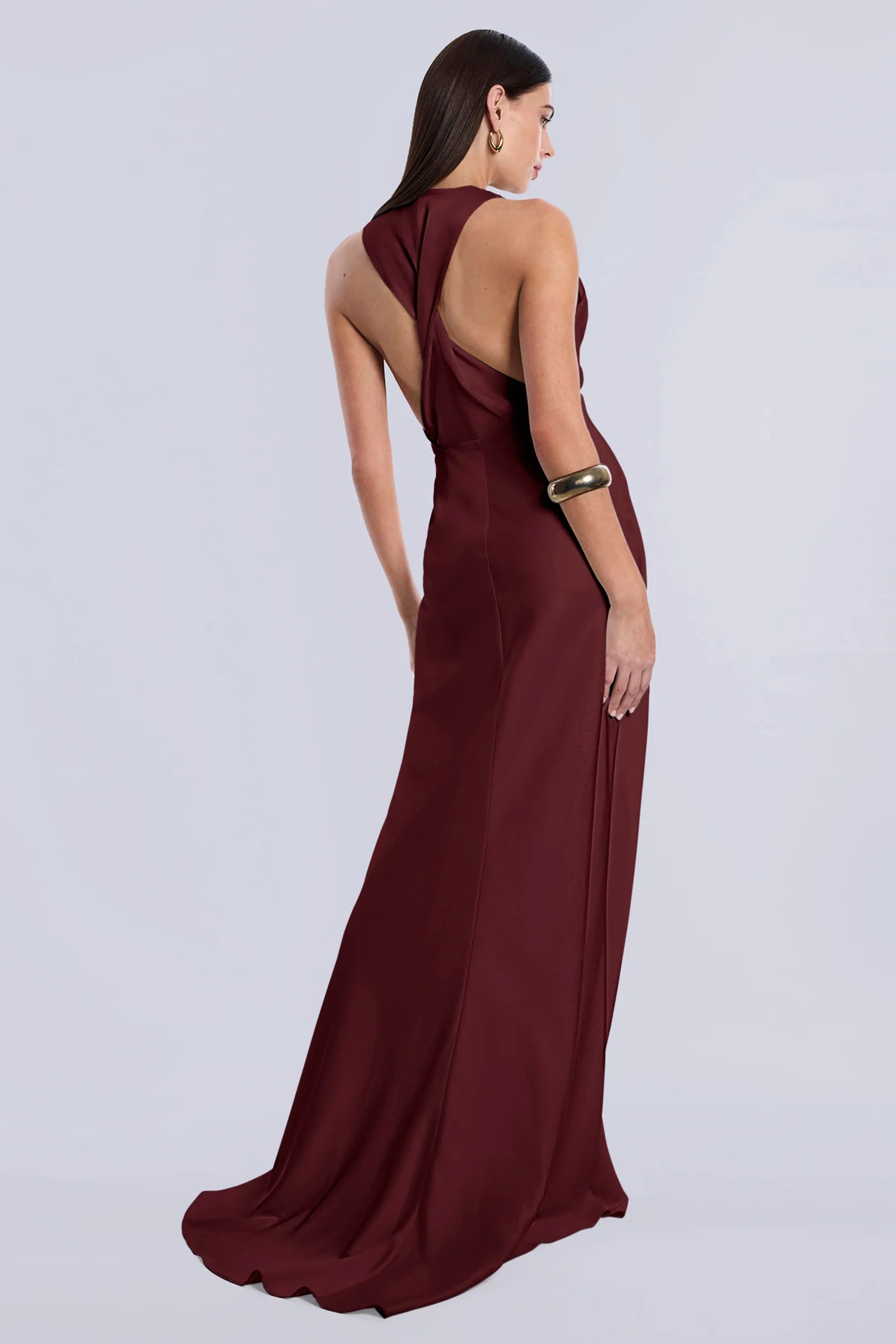 Opulent Burgundy Satin Fitted Halter V-Neck Open Back Floor-Length Evening Dresses
