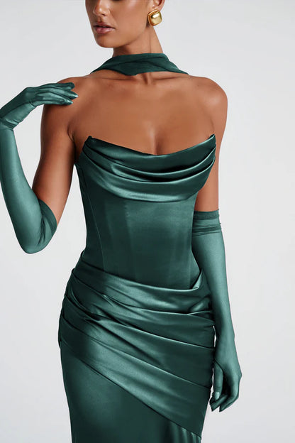 Opulent Fitted Strapless Choker Neck Sleeveless Open Back Floor Length Evening Dress