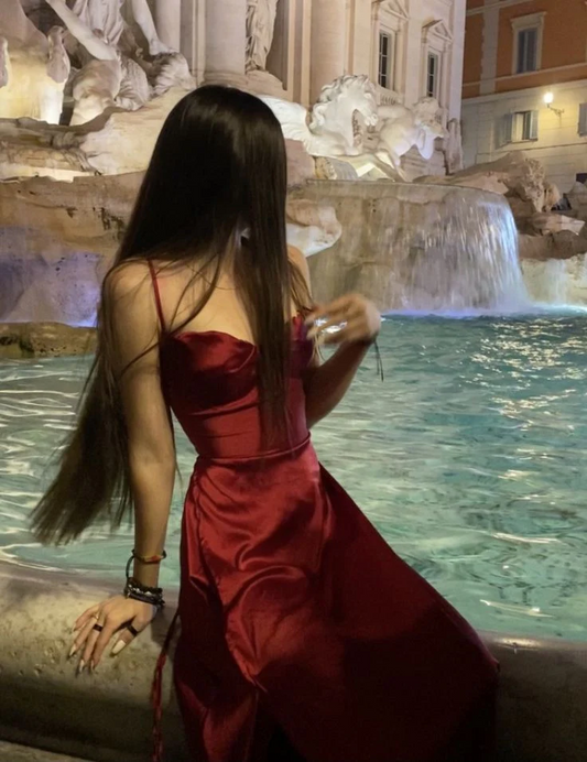 Opulent Red Satin Strappy Lace-Up Back Slit Maxi Prom Dress