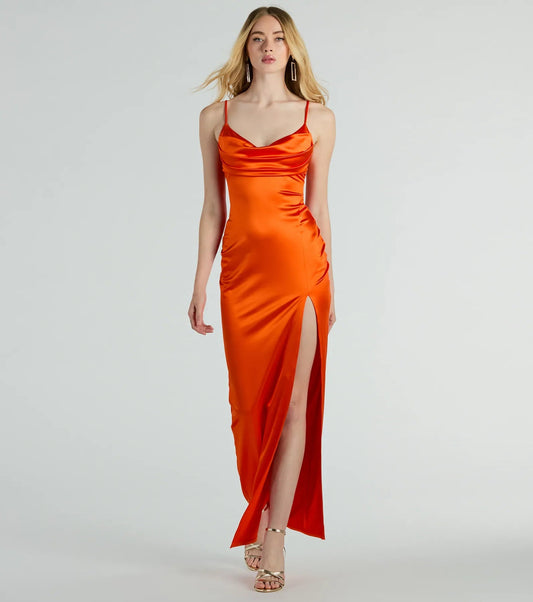 Orange Satin Spaghetti Strap Cowl Neck Lace-Up Back High Slit Mermaid Floor Length Evening Dresses