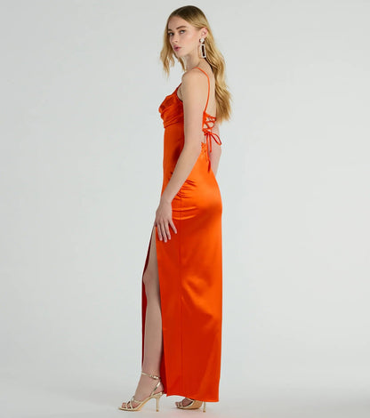 Elegant Orange Satin Mermaid Evening Dress with Cowl Neck and Slit
