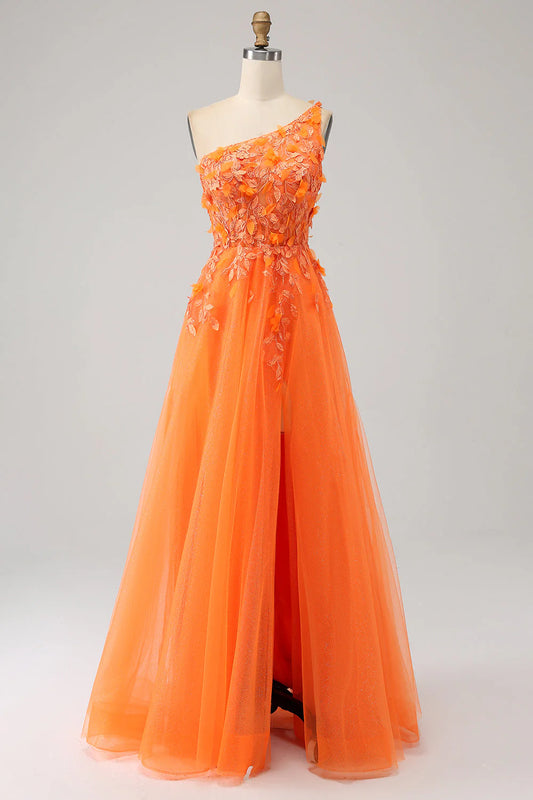 Orange A-line One Shoulder 3D Floral Applique High Slit Floor Length Tulle Prom Dress