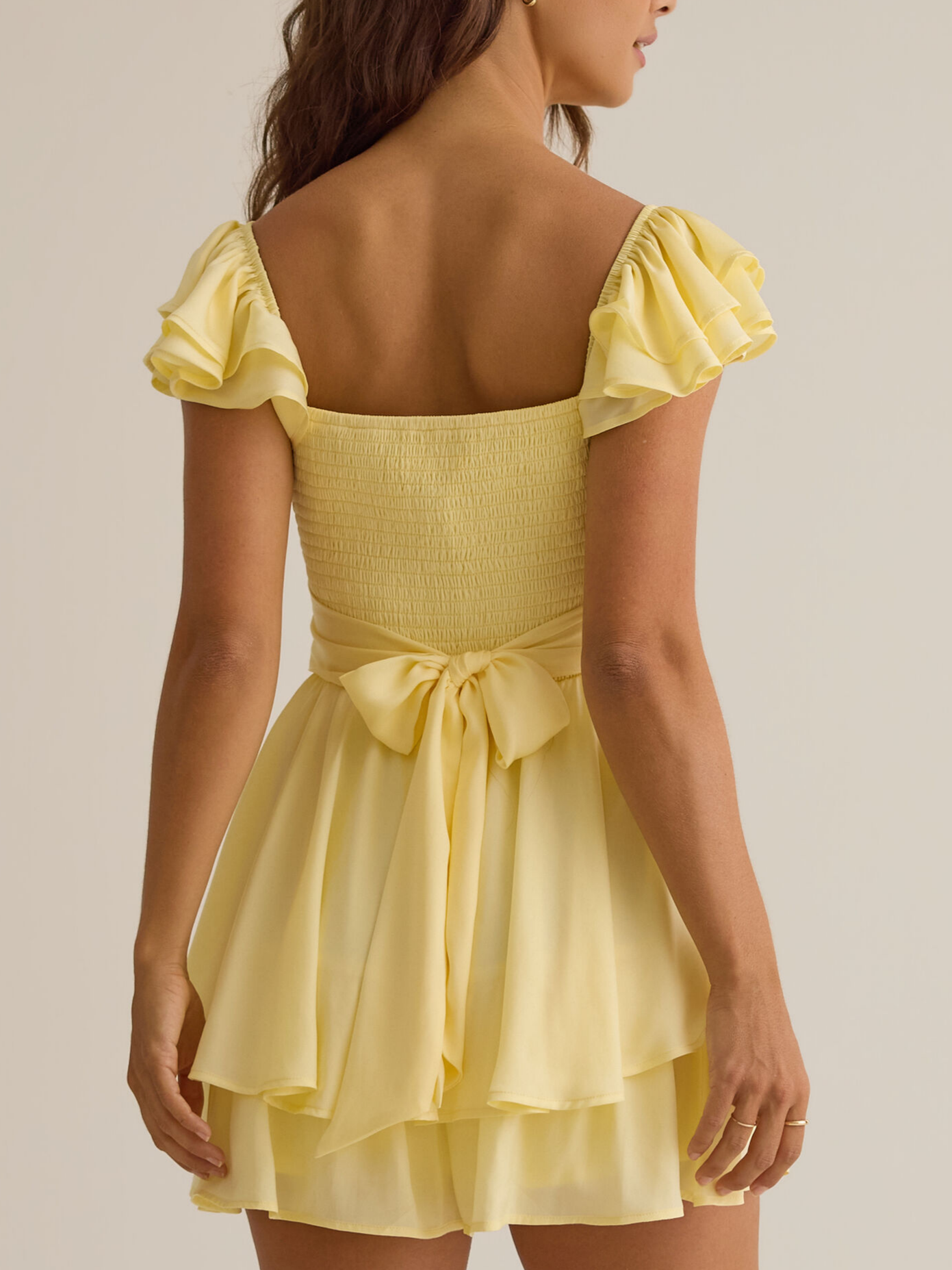 Pale Yellow Chiffon Off Shoulder Ruffle Wrap V-Neck Back Bow Tiered Mini Homecoming Dresses