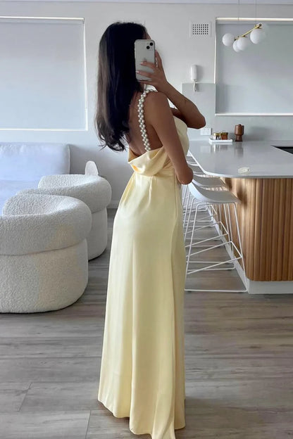 Pale Yellow Satin Cowl Neck Evening Dresses Pearl Strap Backless Maxi Formal Gown