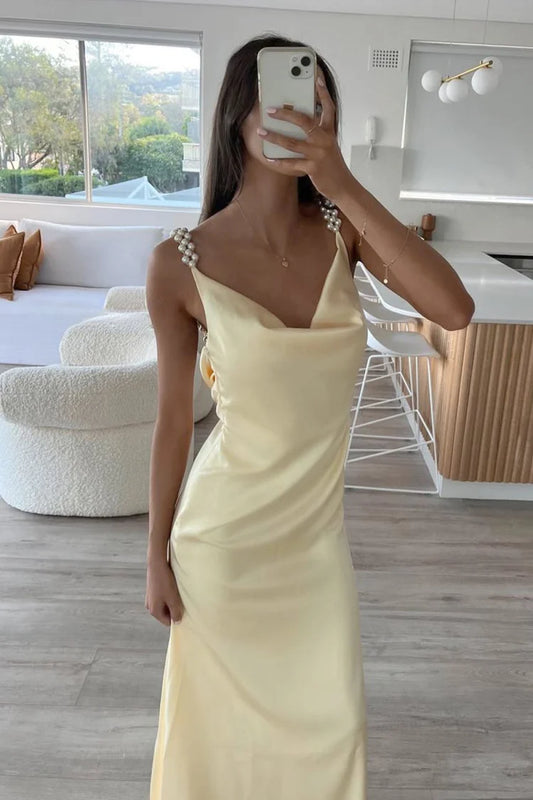 Pale Yellow Satin Cowl Neck Evening Dresses Pearl Strap Backless Maxi Formal Gown