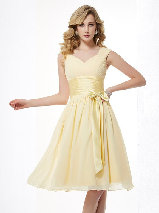Pale Yellow A-line Cap Sleeve Sweetheart Bow Waist Knee Length Chiffon Bridesmaid Dress