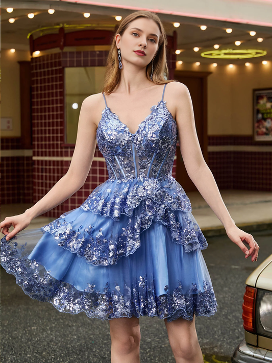 Periwinkle A-line V-neck Spaghetti Strap Corset Tiered Sequin Tulle Short Homecoming Dress