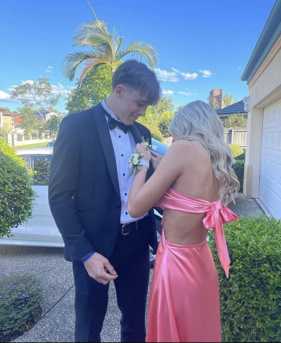 Elegant Satin A-Line Strapless Knot-Front Cut-Out Pink Floor-Length Prom Dress