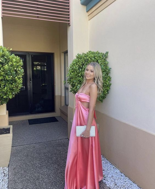 Pink Satin Strapless Knot-Front Cut-Out Open-Bow A-Line Floor-Length Prom Dresses