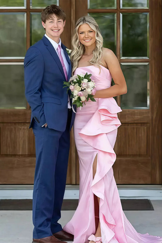 Pink Strapless Ruffle Evening Dresses Mermaid High Slit Train Satin Formal Gown