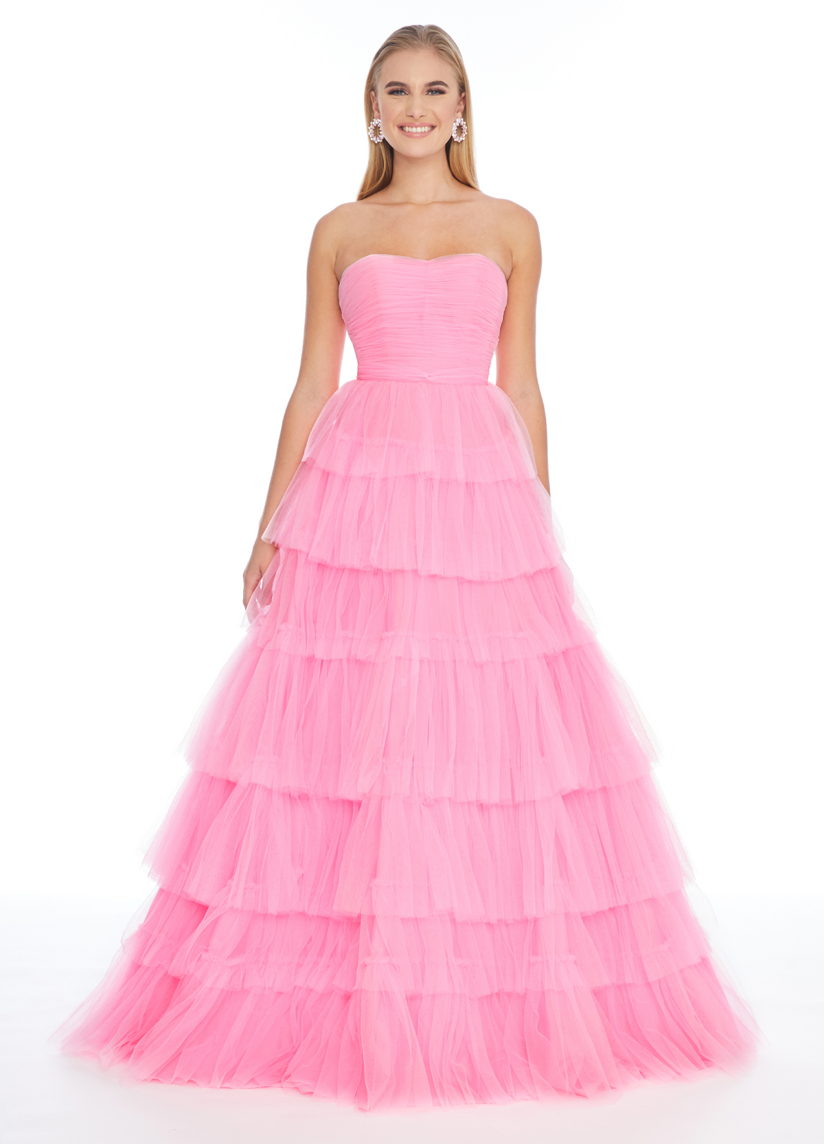 Pink Strapless Sweetheart Tiered Tulle Prom Dress Ruched Bodice Princess A-Line Prom Gown