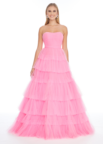 Pink Strapless Sweetheart Tiered Tulle Prom Dress Ruched Bodice Princess A-Line Prom Gown